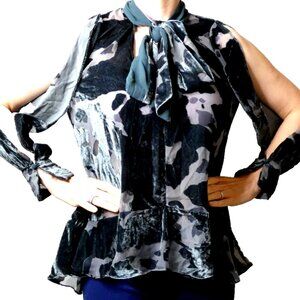 Black Velour Blouse Size XS French Connection Designer Top Long Sleeve Unique